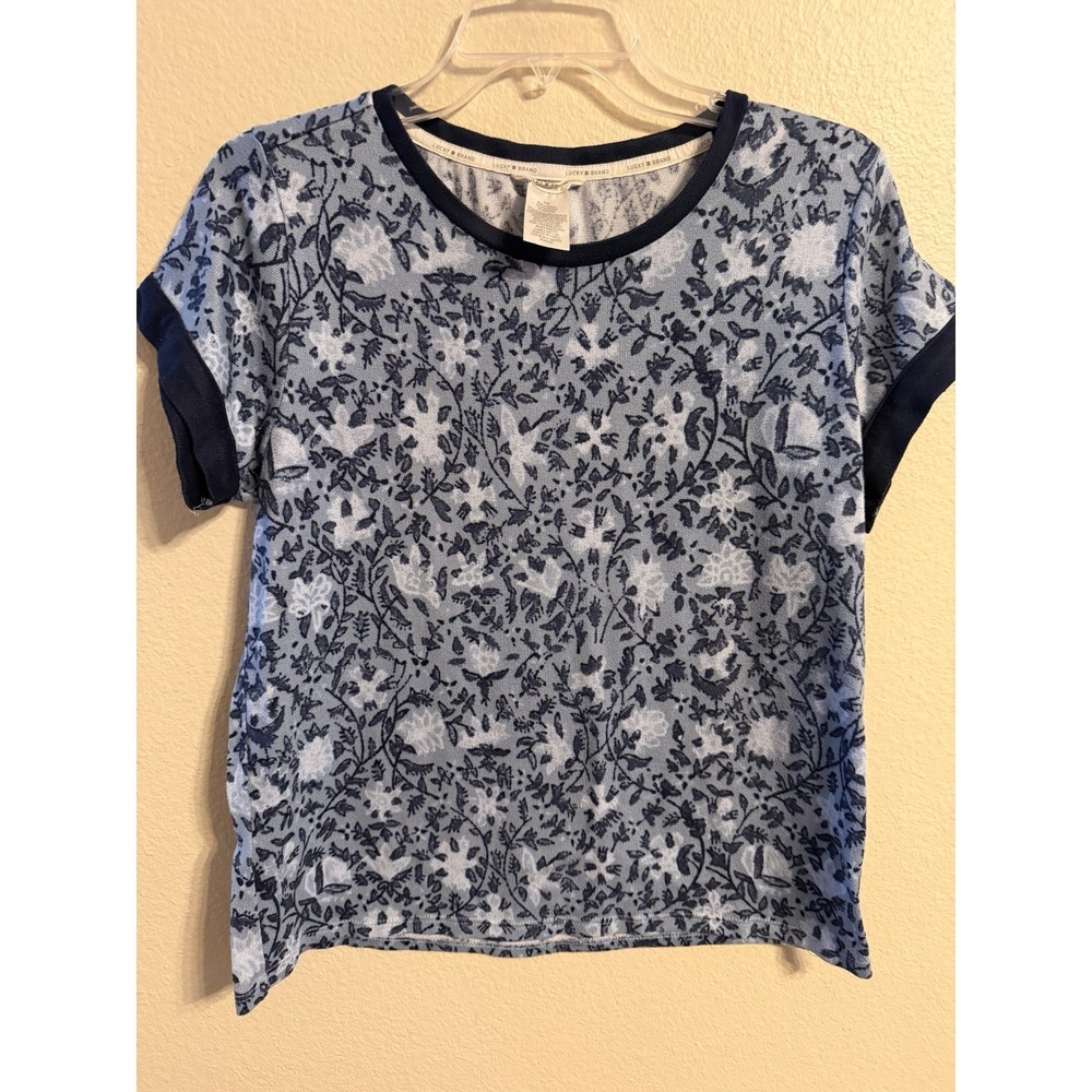 Lucky Brand Womens Blue Floral Botanical Print Short Sleeve Knit Top Medium